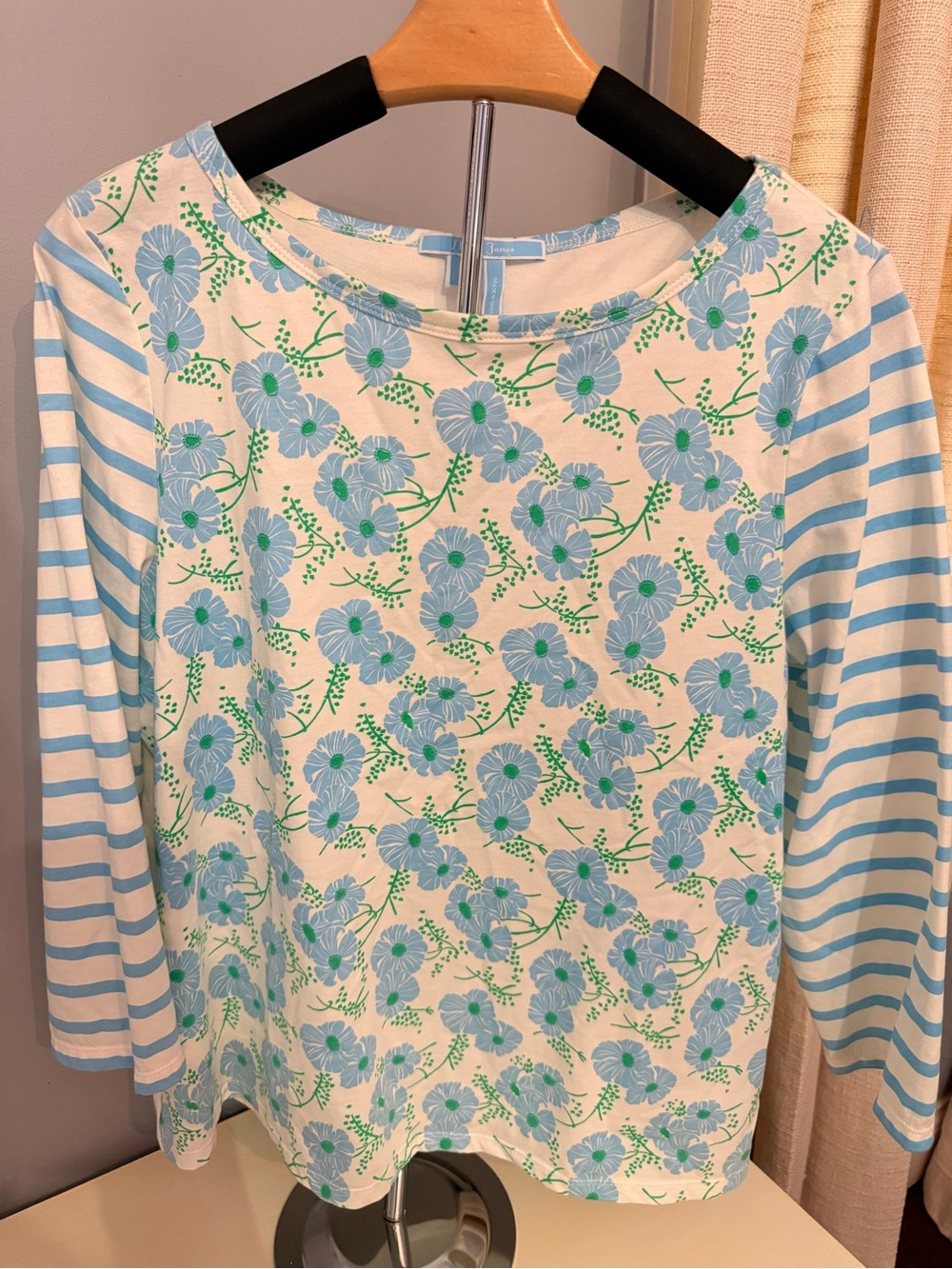 Draper James Cream Top with Blue Floral Front and Blue-White Striped Sleeves